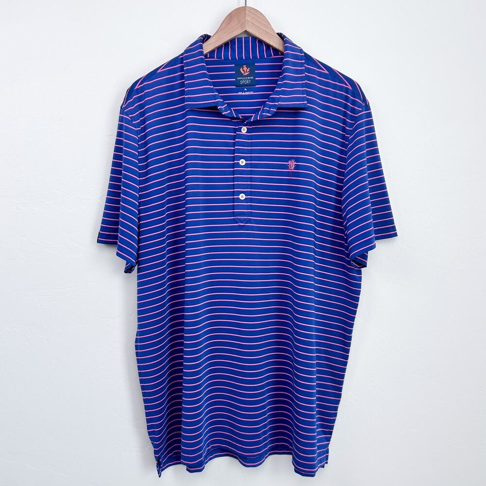Donald Ross Sport Blue Pink Striped Activewear Short Sleeve Collar Polo Shirt XL